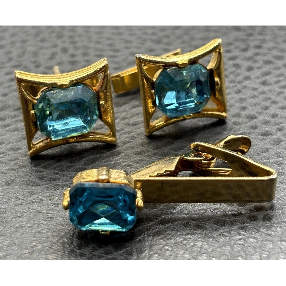Vintage Blue Rhinestone Crystal Cufflinks & Tie Clip Set MCM Modernist